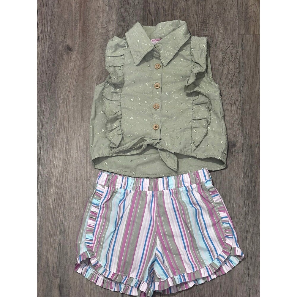 Penelope Mack Girls Olive Green Ruffle Button Shirt Striped Shorts Set 5 NWOT